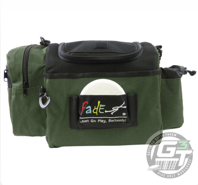 The Fade Gear Crunch Box Disc Golf Bag is a durable green and black bag with multiple pockets, padded shoulder strap, and a white disc labeled "Fade Gear Just Go Play. Seriously!"—ideal for everyday use.