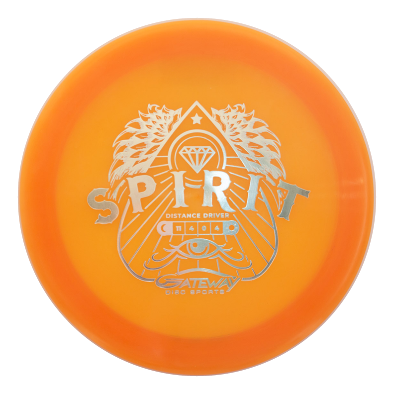 The Spirit - Diamond is an overstable orange disc golf driver featuring silver graphics and "SPIRIT" in bold on the front, designed for players seeking a fast, long-distance driver.