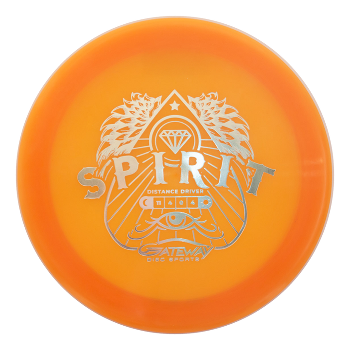 The Spirit - Diamond is an overstable orange disc golf driver featuring silver graphics and "SPIRIT" in bold on the front, designed for players seeking a fast, long-distance driver.
