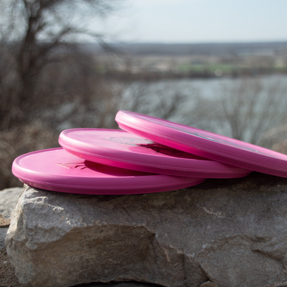 Three pink Reptilian DG Stego — Fossil discs are stacked on a large outdoor rock, with a blurred natural background—proof that even the Stego can look good in nature. Can you guess their flight numbers?.