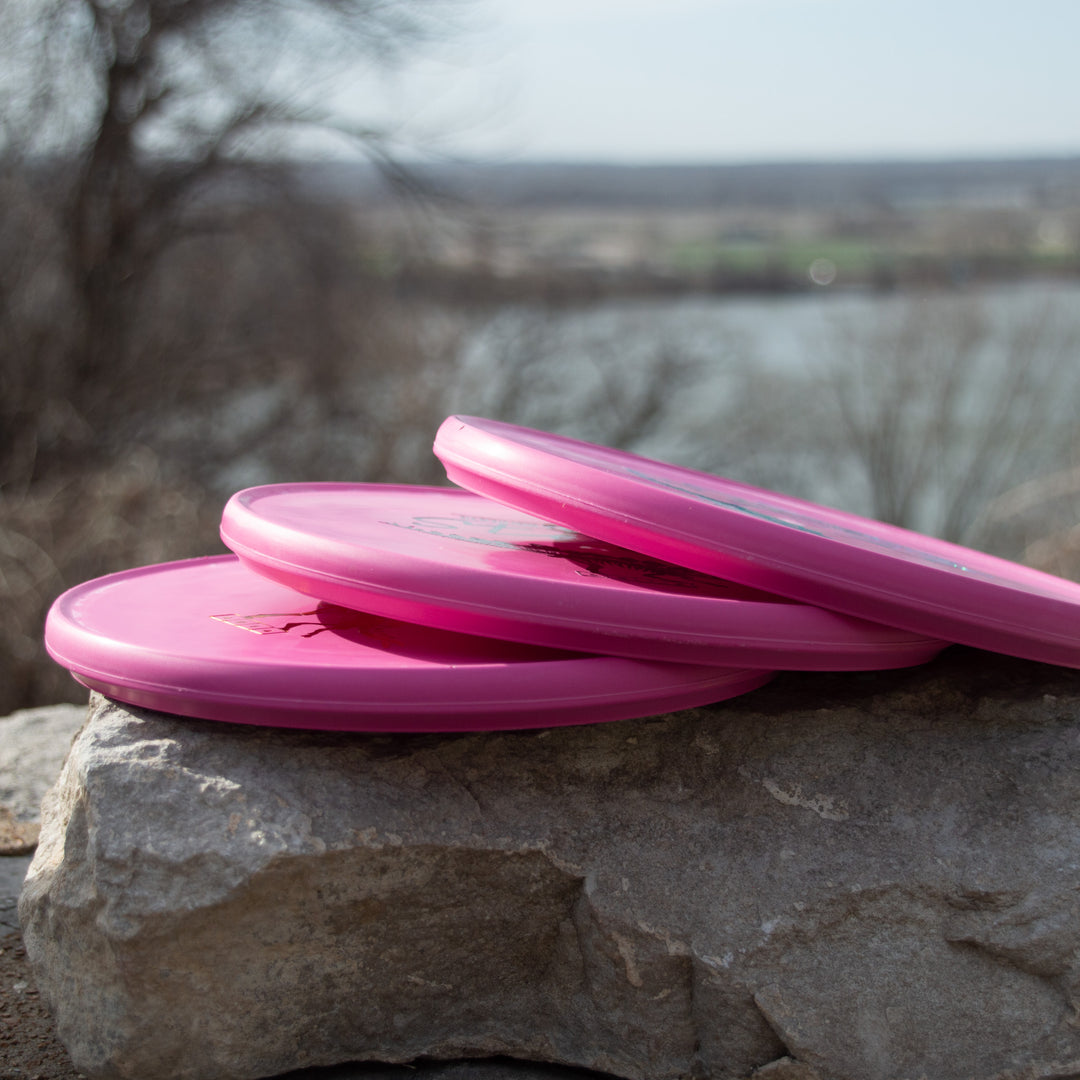 Three pink Reptilian DG Stego — Fossil discs are stacked on a large outdoor rock, with a blurred natural background—proof that even the Stego can look good in nature. Can you guess their flight numbers?.