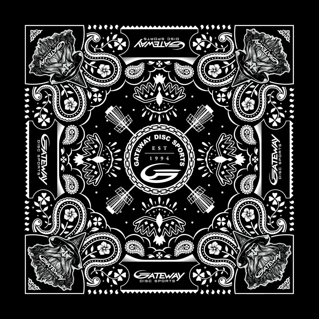 The Gateway Bandana is a black and white cotton accessory with paisley, roses, and Gateway Disc Sports logos, plus a bold central emblem€”ideal for Wizard putter fans.