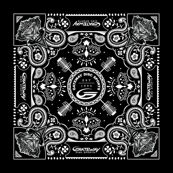 The Gateway Bandana is a black and white cotton accessory with paisley, roses, and Gateway Disc Sports logos, plus a bold central emblem€”ideal for Wizard putter fans.