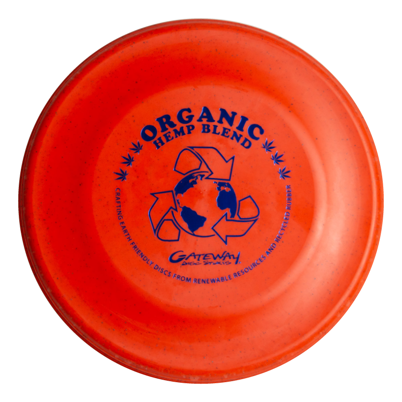 The Organic Hemp Catch Sport Disc is an orange frisbee featuring a globe and recycling symbol€”ideal for playful pups or group gatherings.
