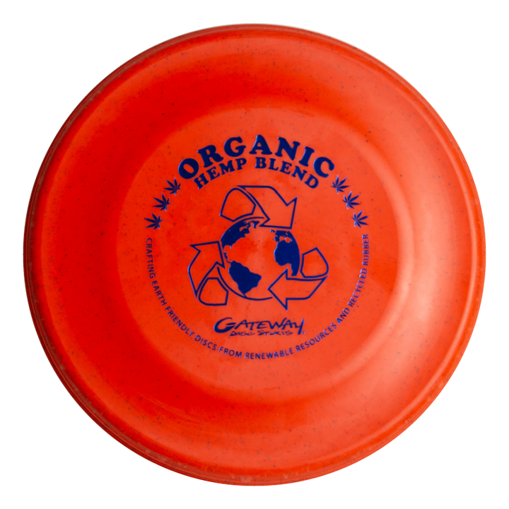 The Organic Hemp Catch Sport Disc is an orange frisbee featuring a globe and recycling symbol€”ideal for playful pups or group gatherings.