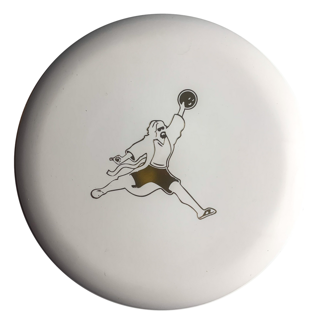The Wizard Pure White - Air Dude disc features a sleek black line illustration of an Air Dude jumping with a disc, sports logo style, centered on the pure white background.