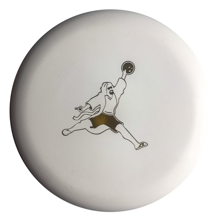 The Wizard Pure White - Air Dude disc features a sleek black line illustration of an Air Dude jumping with a disc, sports logo style, centered on the pure white background.