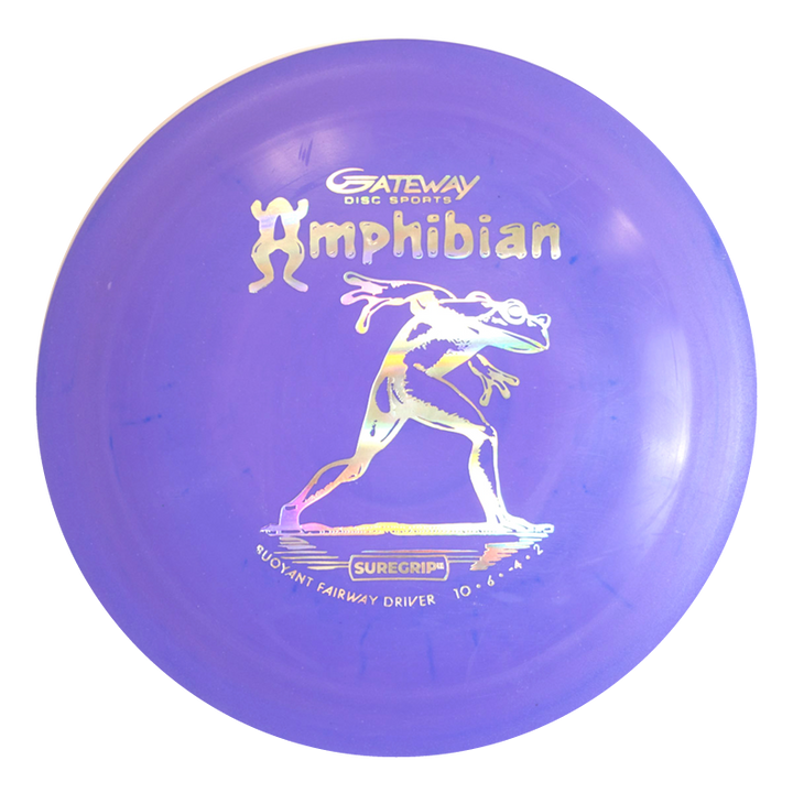 The Amphibian - SureGrip™  disc golf disc features a purple design with a white illustration of a running figure carrying a frog, perfect for smooth control driver shots and reliable fairway drives.