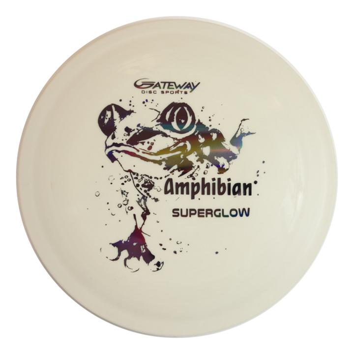 A white Amphibian - SureGrip™  Superglow control driver with a vibrant frog graphic and "Gateway Disc Sports" text on the flight plate.