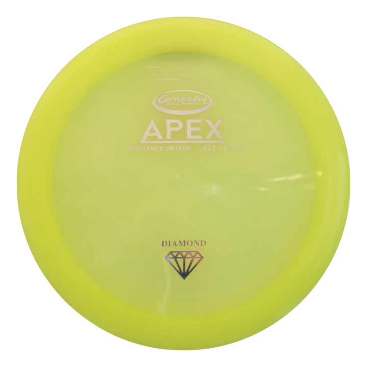 The yellow Apex - Diamond Distance Driver is a high-speed disc featuring a diamond logo and flight ratings€”ideal for players looking for a stable flight path.