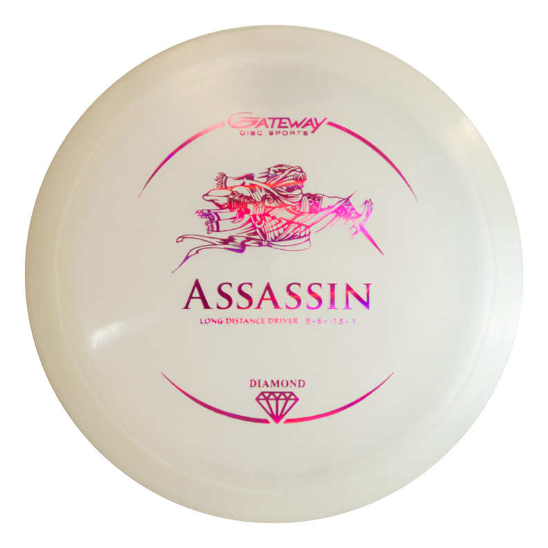 A white Gateway Disc Sports "Assassin - Platinum Superglow" disc golf driver with pink graphics featuring an assassin image. This controllable distance driver offers a neutral flight path, excellent glide, and glows in the dark.
