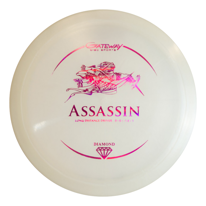 A white Gateway Disc Sports "Assassin - Platinum Superglow" disc golf driver with pink graphics featuring an assassin image. This controllable distance driver offers a neutral flight path, excellent glide, and glows in the dark.