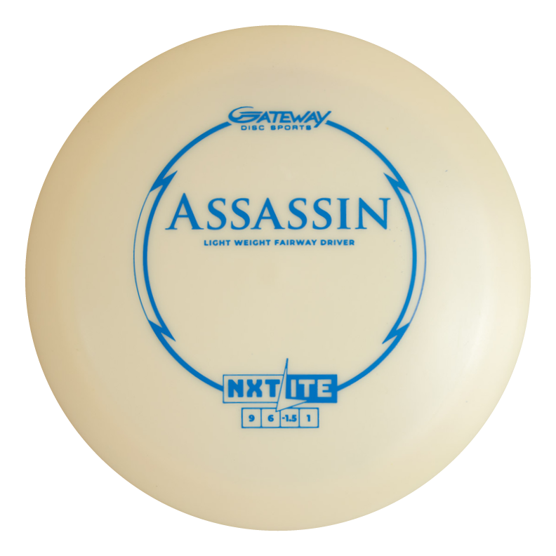 The Assassin - NXT LITE is a white disc golf driver by Gateway Disc Sports featuring blue graphics; this lightweight disc delivers impressive glide and distance on the course.