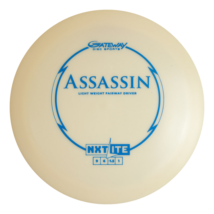 The Assassin - NXT LITE is a white disc golf driver by Gateway Disc Sports featuring blue graphics; this lightweight disc delivers impressive glide and distance on the course.