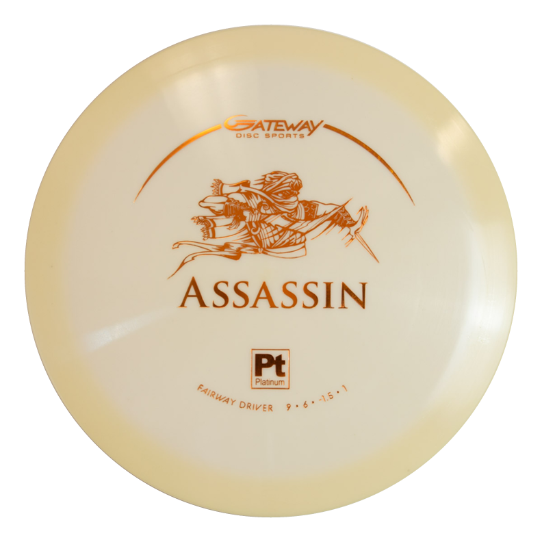 The Assassin - Platinum is a white Gateway Disc Sports fairway driver featuring an archer graphic and brown text, designed for a neutral flight path to deliver controllable, accurate throws.