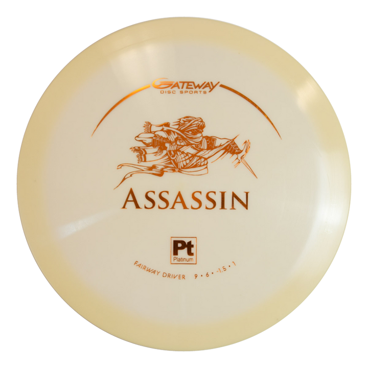 The Assassin - Platinum is a white Gateway Disc Sports fairway driver featuring an archer graphic and brown text, designed for a neutral flight path to deliver controllable, accurate throws.