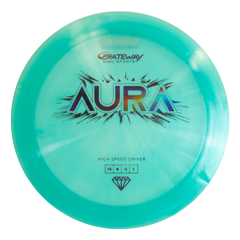The Aura - Diamond is a turquoise disc golf driver with "AURA" in metallic letters and flight numbers 12, 6, -2, 1 beneath. Known for easy turnovers, it's the less-stable sibling in the Gateway lineup.