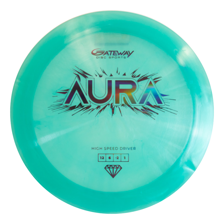 The Aura - Diamond is a turquoise disc golf driver with "AURA" in metallic letters and flight numbers 12, 6, -2, 1 beneath. Known for easy turnovers, it's the less-stable sibling in the Gateway lineup.