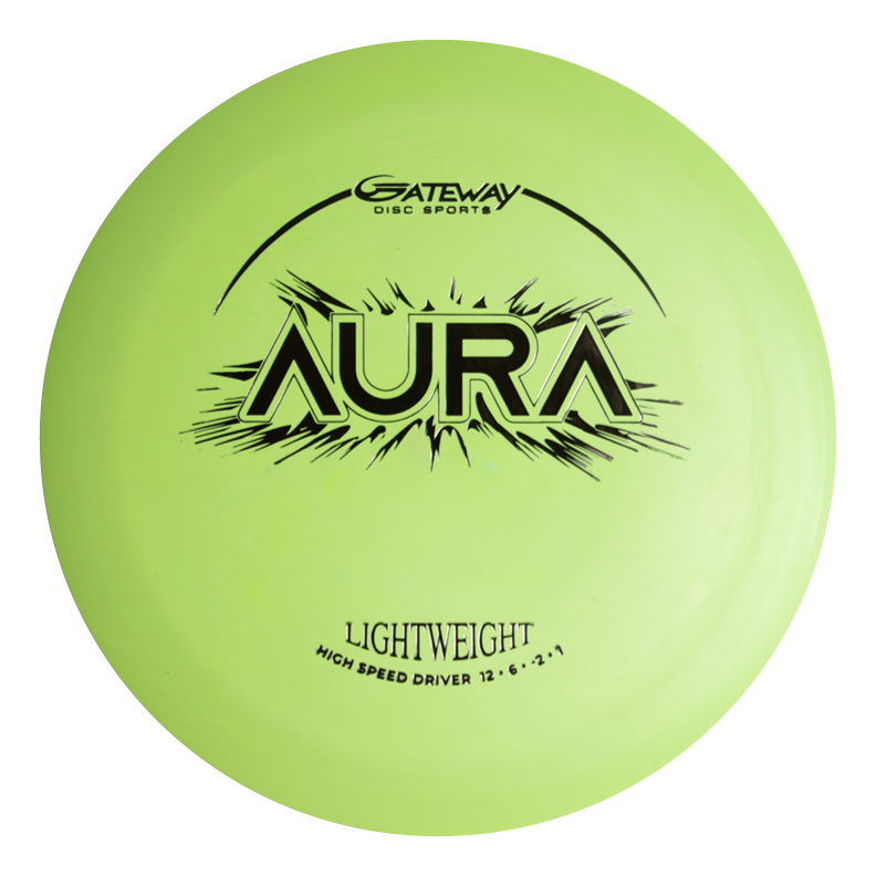 The Aura - Suregrip Lightweight is a yellow-green disc golf driver featuring €œGATEWAY DISC SPORTS€� and €œAURA€� in black, labeled as "HIGH SPEED DRIVER 12 €¢ 6 €¢ -2 €¢ 1," ideal for long flights and easy turnovers.