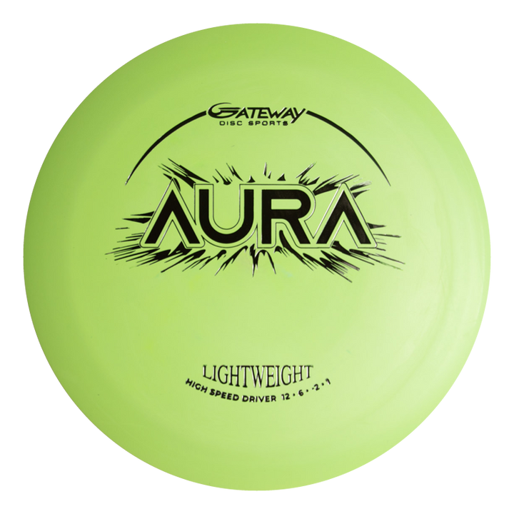 The Aura - Suregrip Lightweight is a yellow-green disc golf driver featuring €œGATEWAY DISC SPORTS€� and €œAURA€� in black, labeled as "HIGH SPEED DRIVER 12 €¢ 6 €¢ -2 €¢ 1," ideal for long flights and easy turnovers.