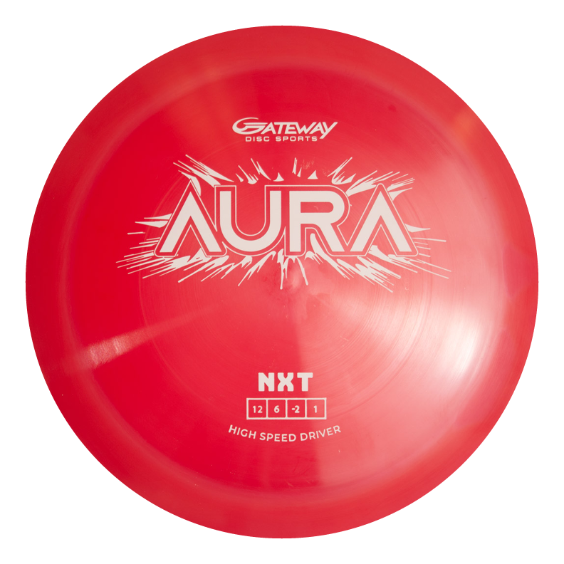 The Aura - NXT red disc golf driver features easy turnover for long flights and displays flight numbers 12, 6, -2, 1 on top.