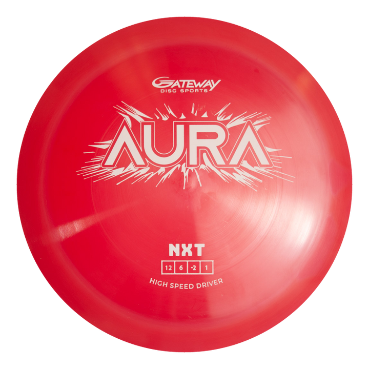 The Aura - NXT red disc golf driver features easy turnover for long flights and displays flight numbers 12, 6, -2, 1 on top.