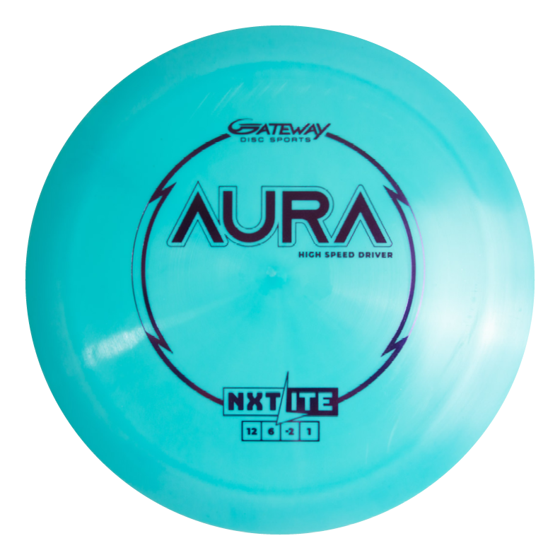 The Aura - NXT Lite is a turquoise disc golf driver from Gateway Disc Sports, made with tough nylon for easy turnover throws at any arm speed, featuring the "AURA HIGH SPEED DRIVER" label and NXT Lite rating on the front.