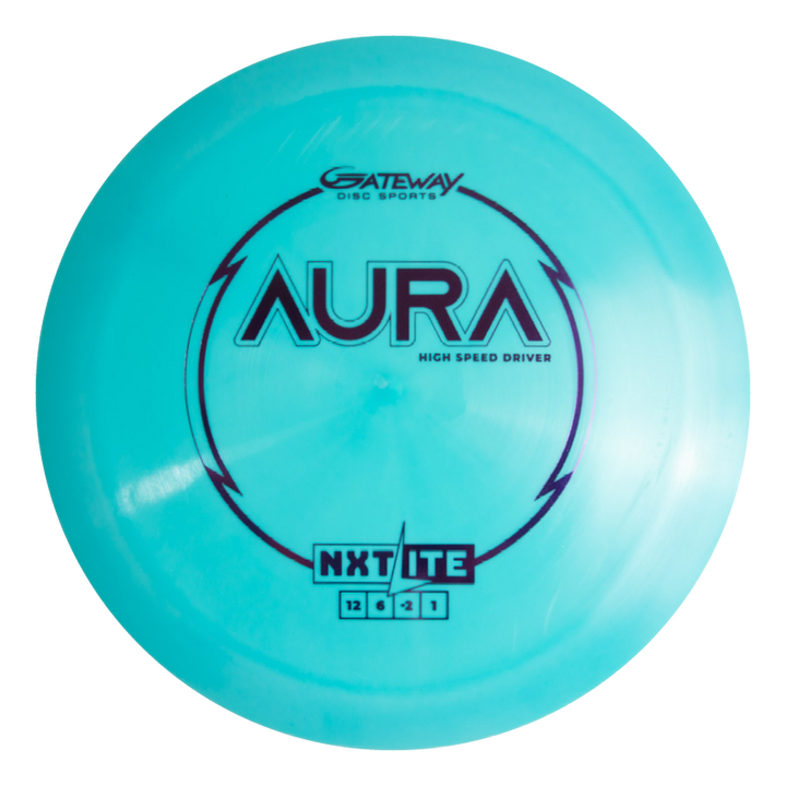 The Aura - NXT Lite is a turquoise disc golf driver from Gateway Disc Sports, made with tough nylon for easy turnover throws at any arm speed, featuring the "AURA HIGH SPEED DRIVER" label and NXT Lite rating on the front.