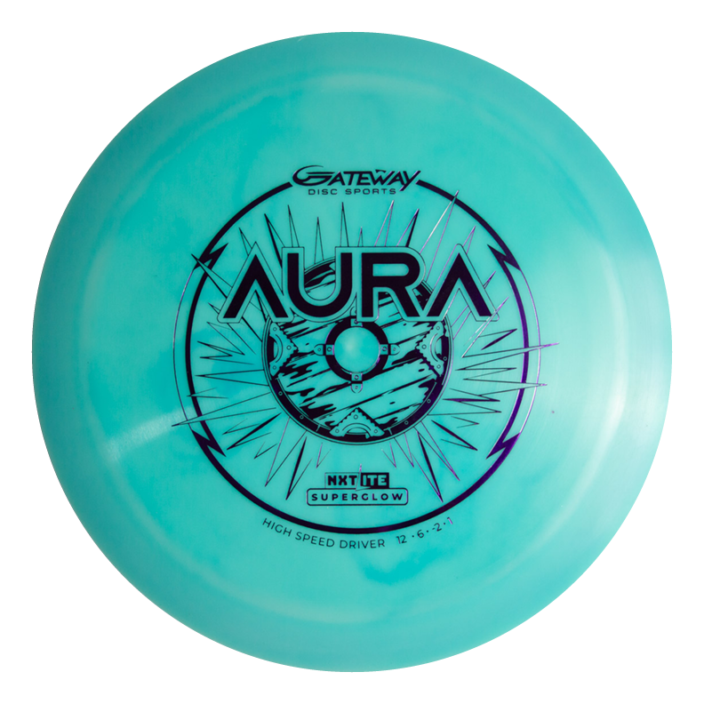 The Aura - NXT Lite Superglow by Gateway Disc Sports is a turquoise top-tier driver with black graphics and "12€¢6€¢-2€¢1" flight numbers, perfect for hyzer flips and known as a reliable glide machine.