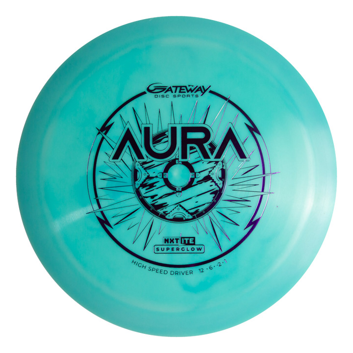 The Aura - NXT Lite Superglow by Gateway Disc Sports is a turquoise top-tier driver with black graphics and "12€¢6€¢-2€¢1" flight numbers, perfect for hyzer flips and known as a reliable glide machine.