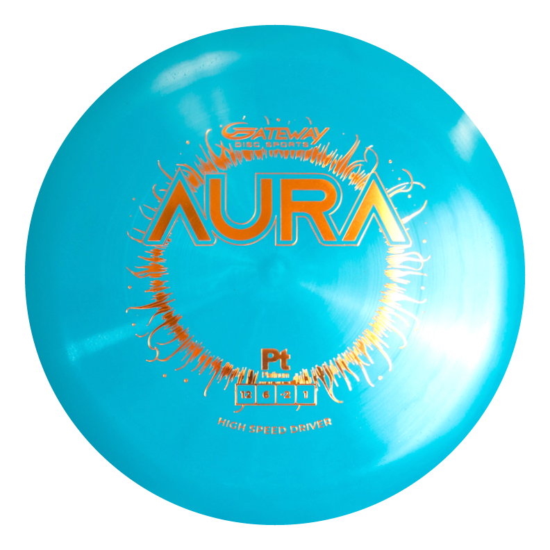 A bright blue disc golf driver, the "Aura - Platinum" by Gateway, designed for full flights and featuring orange and white text with graphic designs on the top.