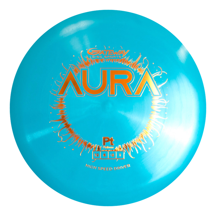 A bright blue disc golf driver, the "Aura - Platinum" by Gateway, designed for full flights and featuring orange and white text with graphic designs on the top.