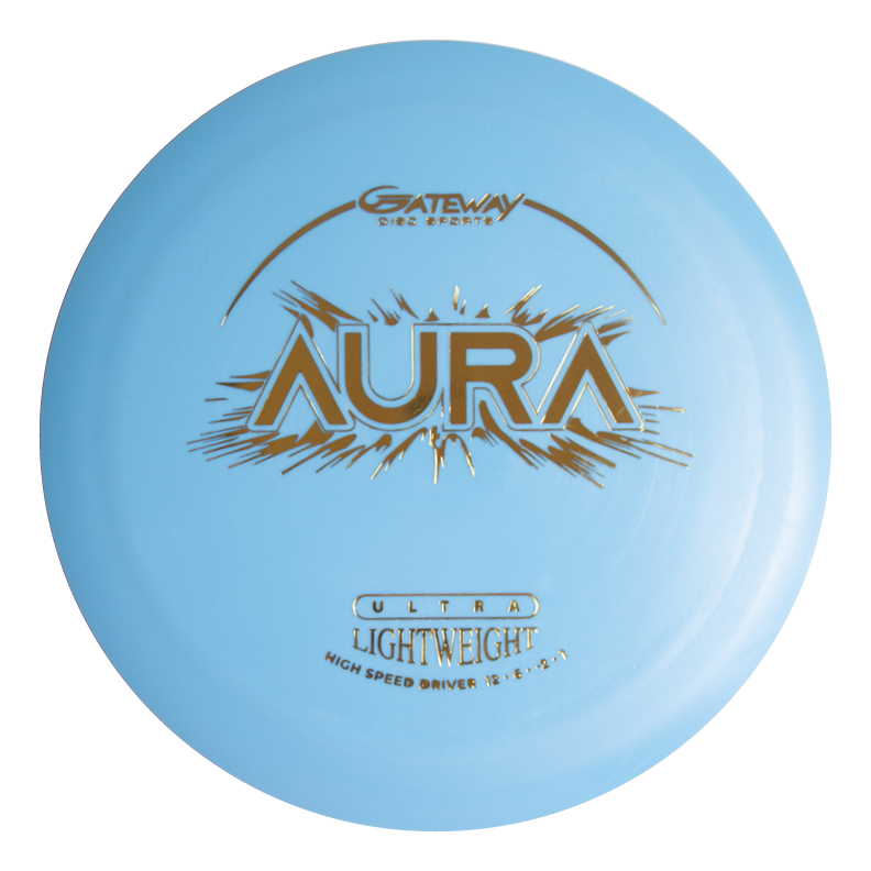 The Aura - Suregrip Ultra Lightweight is a light blue disc golf driver with "AURA," "GATEWAY DISC SPORTS," and "ULTRA LIGHTWEIGHT HIGH SPEED DRIVER" in gold and white, perfect for long flights and easy turnover throws.