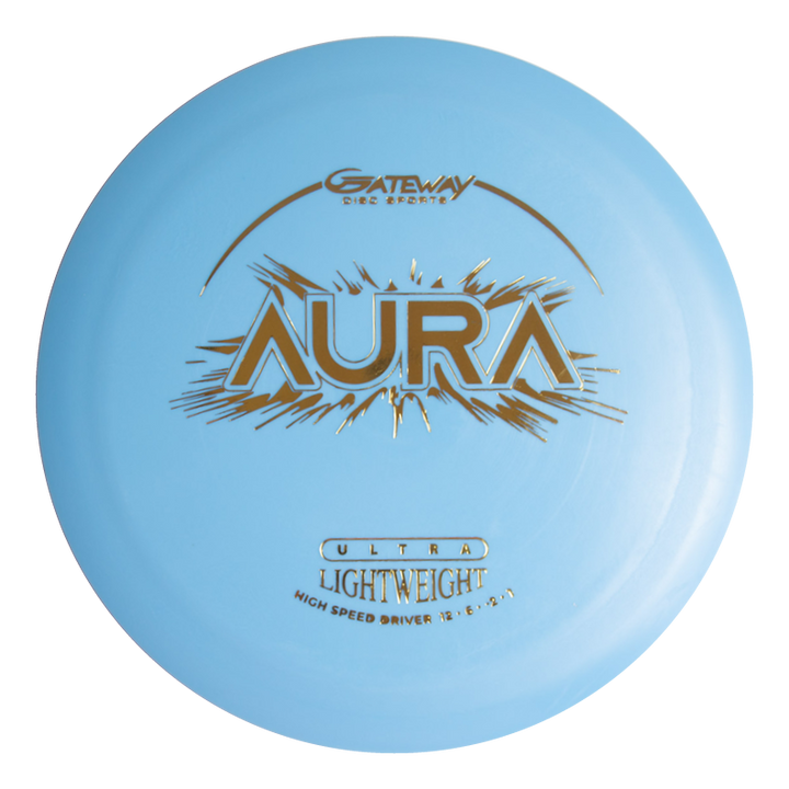 The Aura - Suregrip Ultra Lightweight is a light blue disc golf driver with "AURA," "GATEWAY DISC SPORTS," and "ULTRA LIGHTWEIGHT HIGH SPEED DRIVER" in gold and white, perfect for long flights and easy turnover throws.