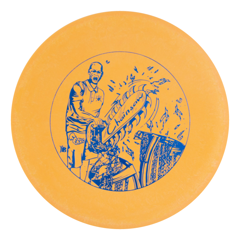 A Black Zombie Chainsaw — SS golf disc showcases a blue line drawing of a man cutting metal with a chainsaw, surrounded by musical notes—an ideal stable putter for players who want style on the course.