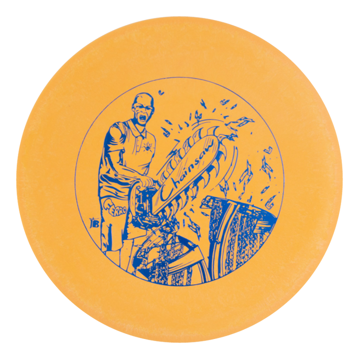 A Black Zombie Chainsaw — SS golf disc showcases a blue line drawing of a man cutting metal with a chainsaw, surrounded by musical notes—an ideal stable putter for players who want style on the course.