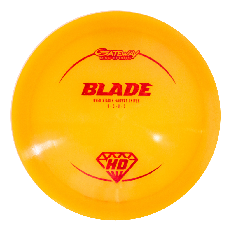 A yellow Blade - HD - NOT CURRENT VERSION fairway driver by Gateway Disc Sports, featuring red text and graphics; an overstable disc ideal for forehand throws and power flex shots.
