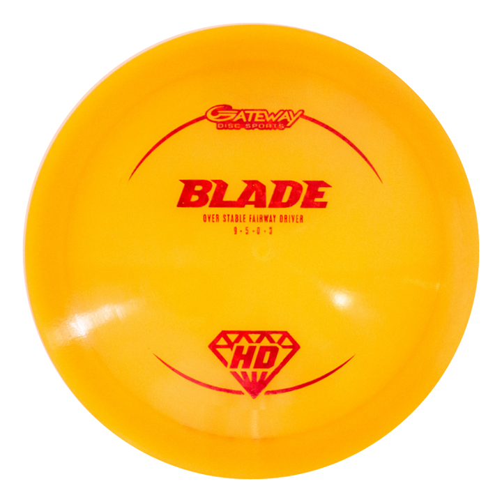 A yellow Blade - HD - NOT CURRENT VERSION fairway driver by Gateway Disc Sports, featuring red text and graphics; an overstable disc ideal for forehand throws and power flex shots.