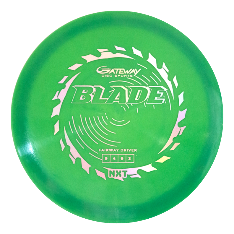 The Blade - NXT is a green overstable fairway driver featuring a circular top design and "Gateway Disc Sports Blade Fairway Driver NXT" text, perfect for steady resistance and reliable heavy forehand throws.