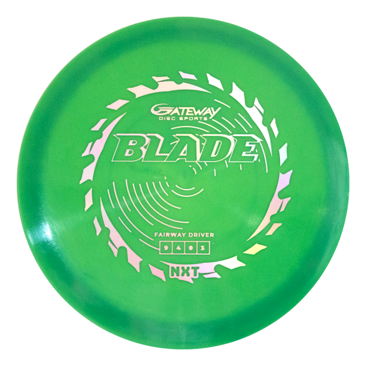The Blade - NXT is a green overstable fairway driver featuring a circular top design and "Gateway Disc Sports Blade Fairway Driver NXT" text, perfect for steady resistance and reliable heavy forehand throws.
