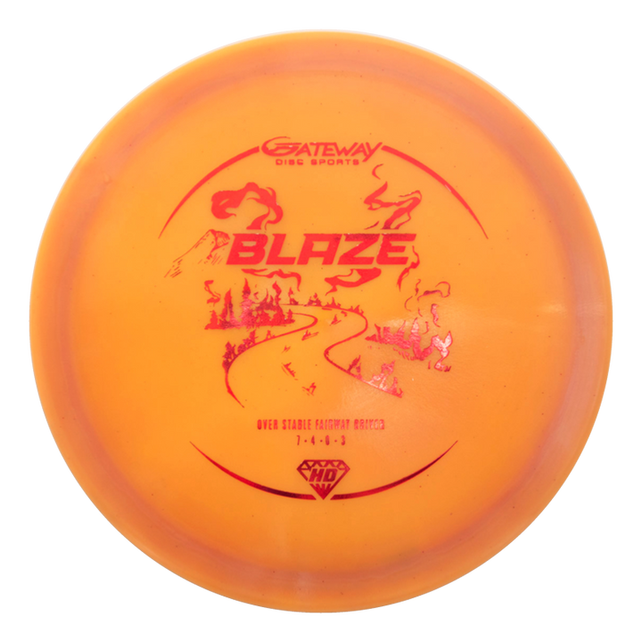The Blaze - Hyper Diamond (HD) is an orange overstable Gateway driver disc with red graphics of a winding path and trees, ideal for predictable drives even in headwinds.