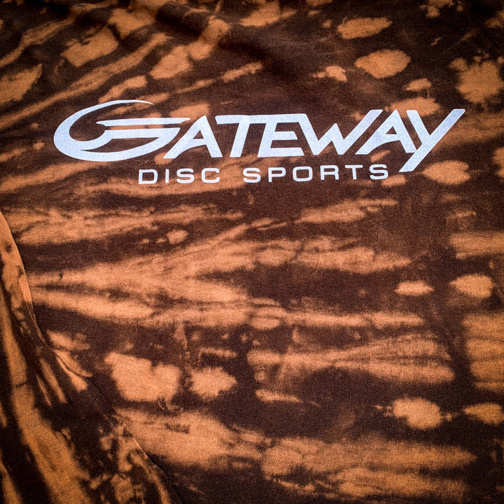A Brown Tie Dye T-shirt featuring —Gateway Disc Sports—� printed in white across the chest.
