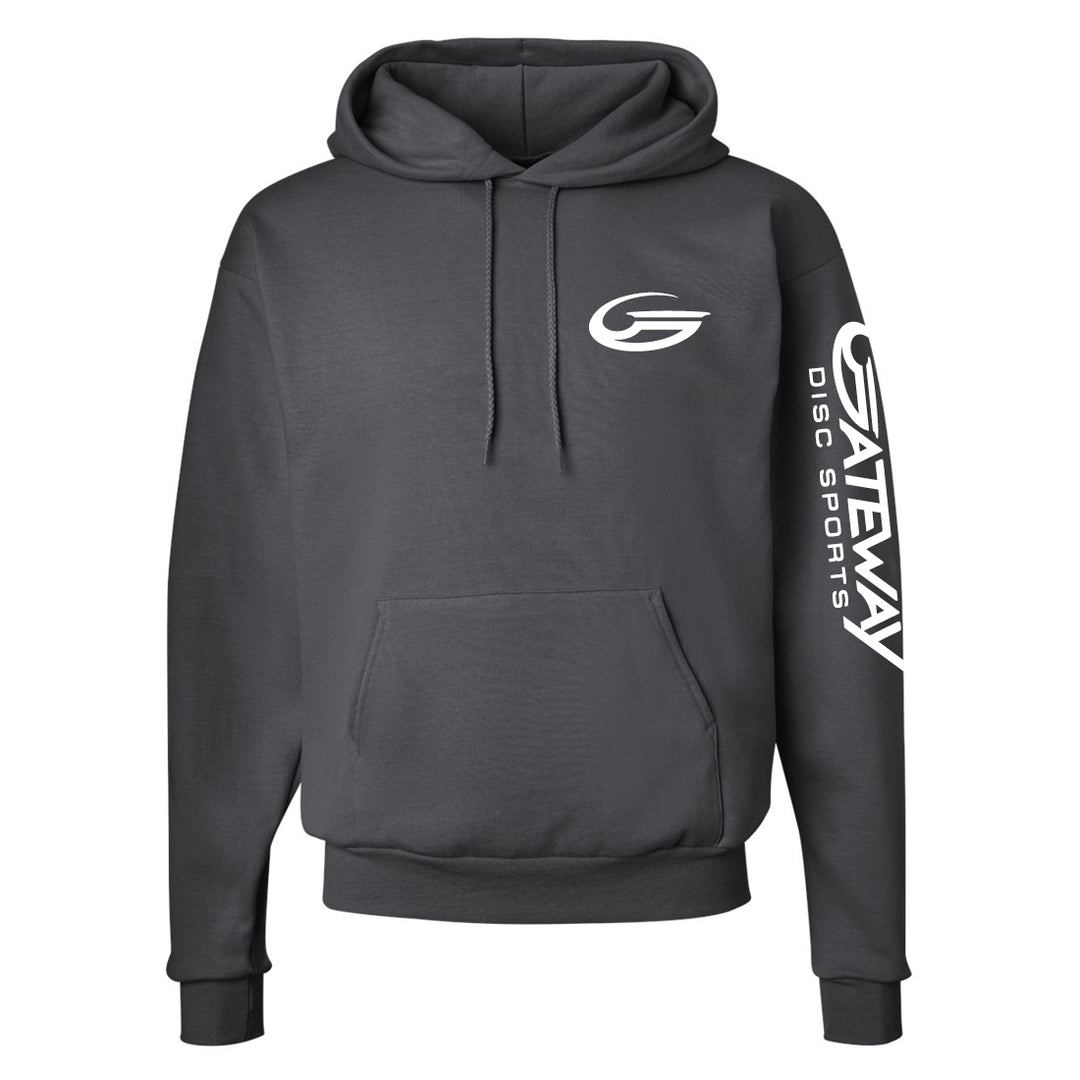 The Charcoal Gateway Hooded Sweatshirt features white "G" and "Gateway Disc Sports" logos on the left chest and right sleeve, a kangaroo pocket, and is made from soft, durable PrintPro XP fleece for comfort.