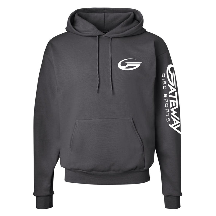 The Charcoal Gateway Hooded Sweatshirt features white "G" and "Gateway Disc Sports" logos on the left chest and right sleeve, a kangaroo pocket, and is made from soft, durable PrintPro XP fleece for comfort.