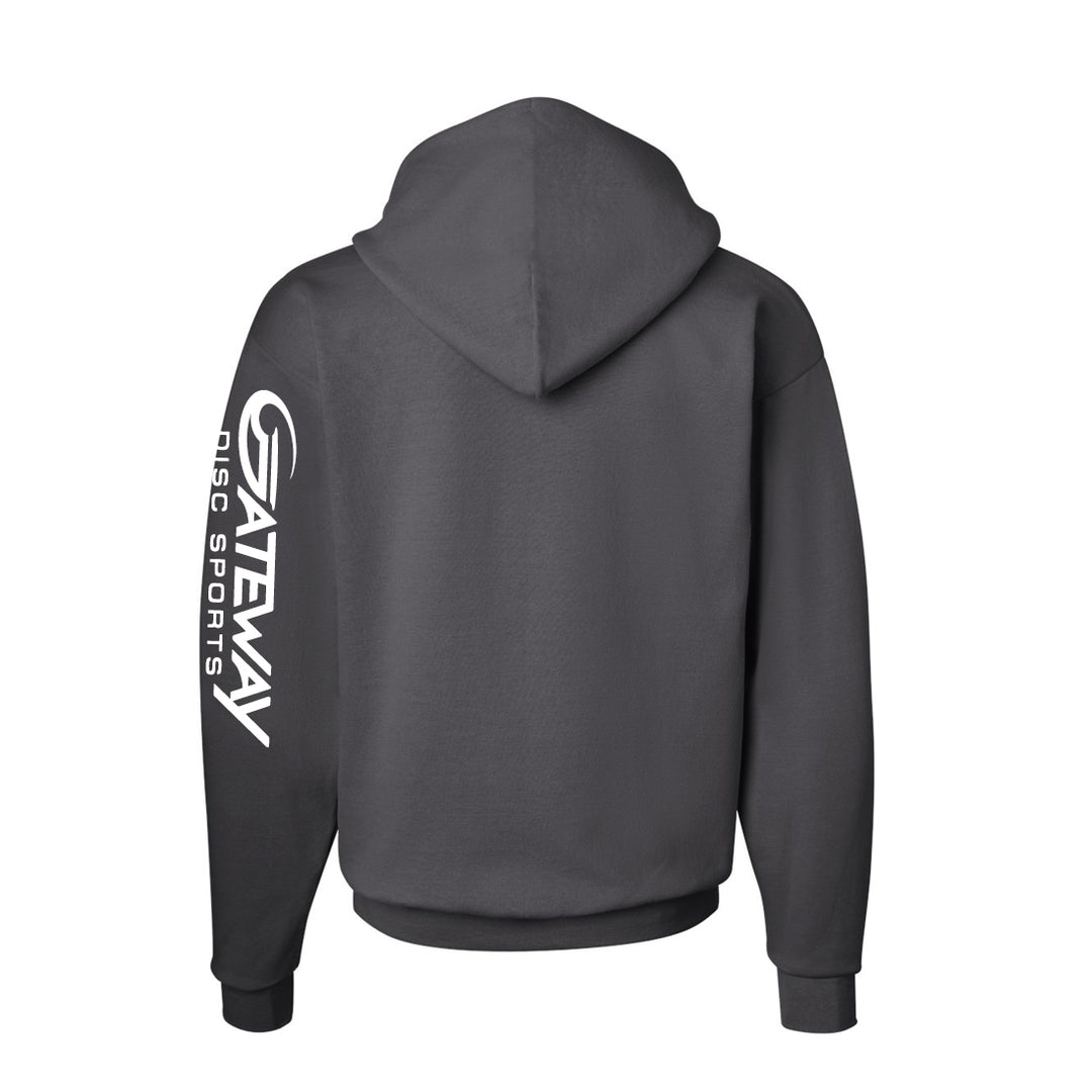 The Charcoal Gateway Hooded Sweatshirt, made from PrintPro XP fleece, is shown from the back with "Gateway Disc Sports" printed in white on the right sleeve.