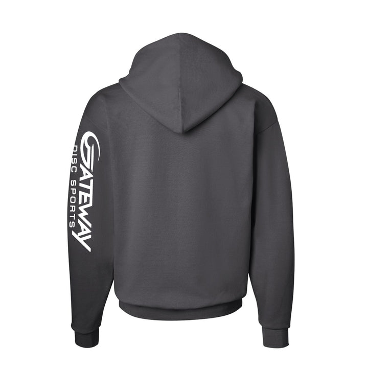 The Charcoal Gateway Hooded Sweatshirt, made from PrintPro XP fleece, is shown from the back with "Gateway Disc Sports" printed in white on the right sleeve.