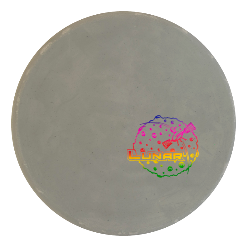 The Chief - Rocky Lunar is a round, plain gray putter made from firm lunar plastic with a vibrant "Lunar" logo (moon and rocket) on the lower right. Its low profile combines striking looks with reliable performance.