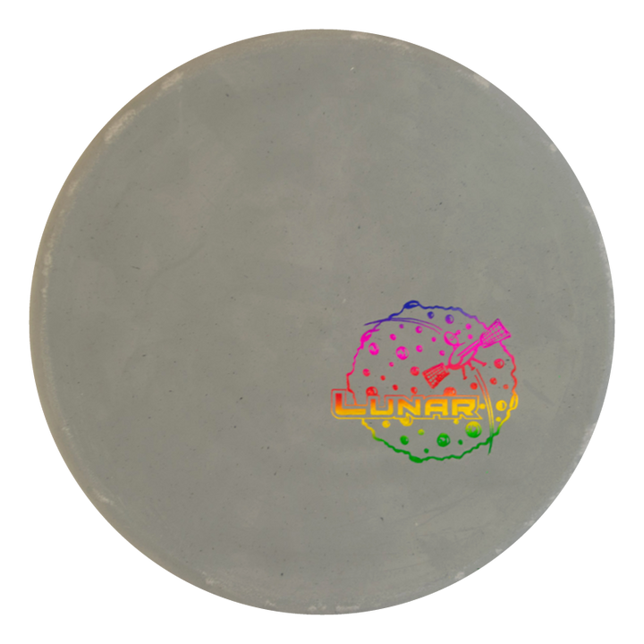 The Chief - Rocky Lunar is a round, plain gray putter made from firm lunar plastic with a vibrant "Lunar" logo (moon and rocket) on the lower right. Its low profile combines striking looks with reliable performance.