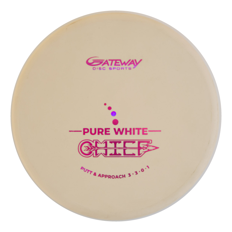 The Chief - Pure White by Gateway Disc Sports is a beige putter with pink text and graphics, featuring a beaded, low-profile rim, ideal for putt and approach shots, with flight ratings of 3·3·0·1.
