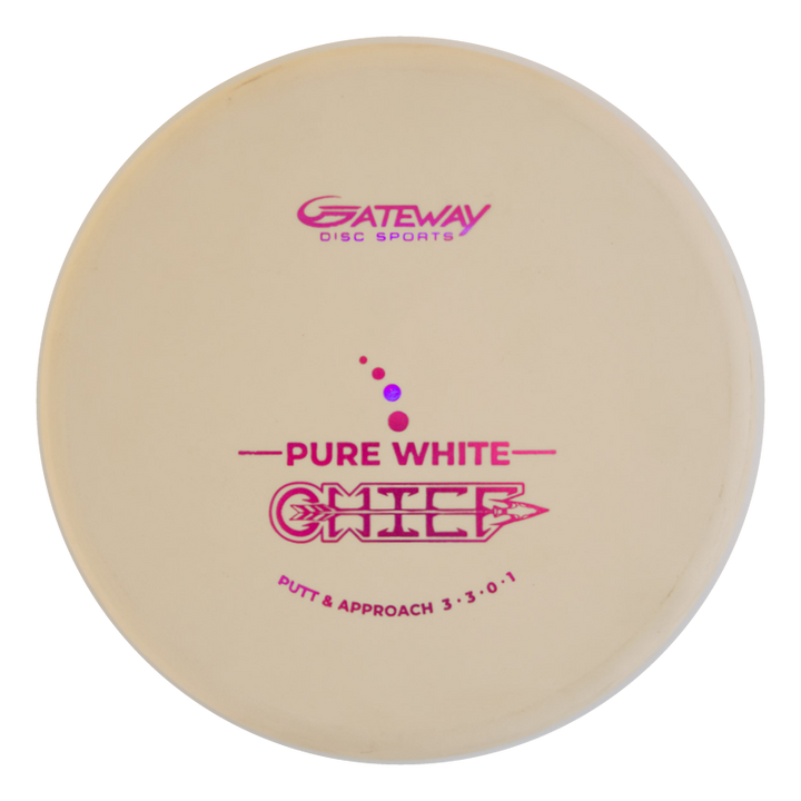 The Chief - Pure White by Gateway Disc Sports is a beige putter with pink text and graphics, featuring a beaded, low-profile rim, ideal for putt and approach shots, with flight ratings of 3·3·0·1.